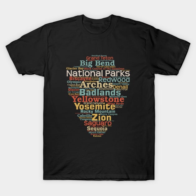 US National Parks Arrowhead Word List Cloud Camping Hiking Retro T-Shirt by Pine Hill Goods
